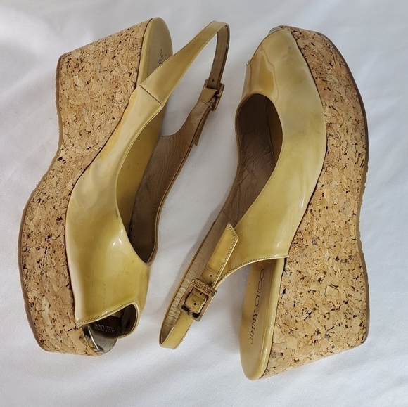 Jimmy Choo Praise Patent Leather Slingback Cork Wedge Platform Sandals - Picture 3 of 13